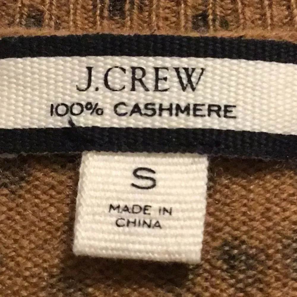 J. Crew LAYLA Camel Tan Black Dot Animal Print 100% Cashmere Crew Neck Sweater